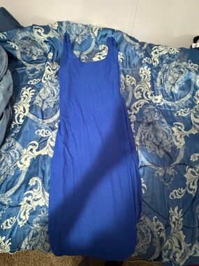 Blue Scoop-Neck Midi Dress with Slit